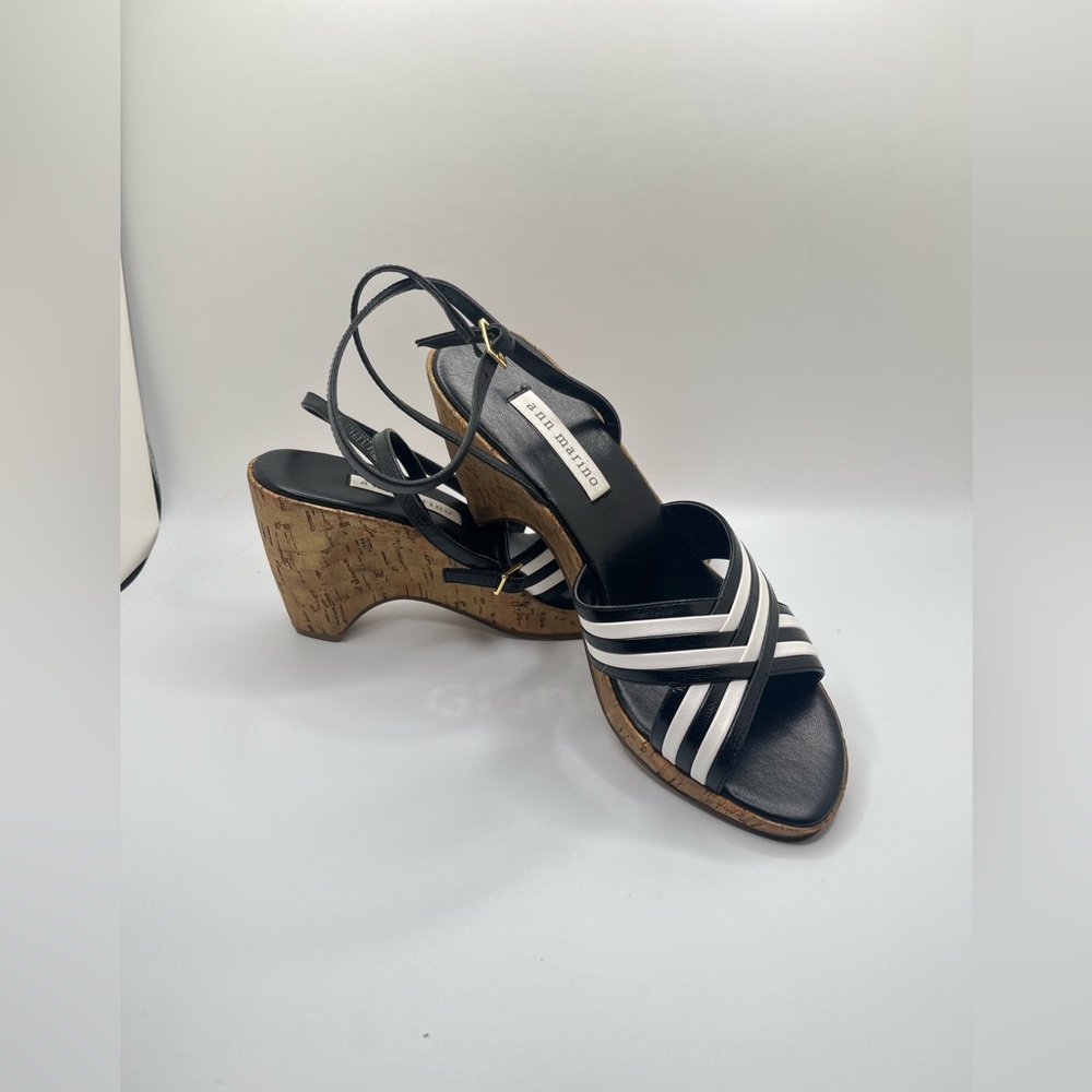 Ann Marino Women’s Black and White Striped Leather Upper Cork Wedges Size 8M